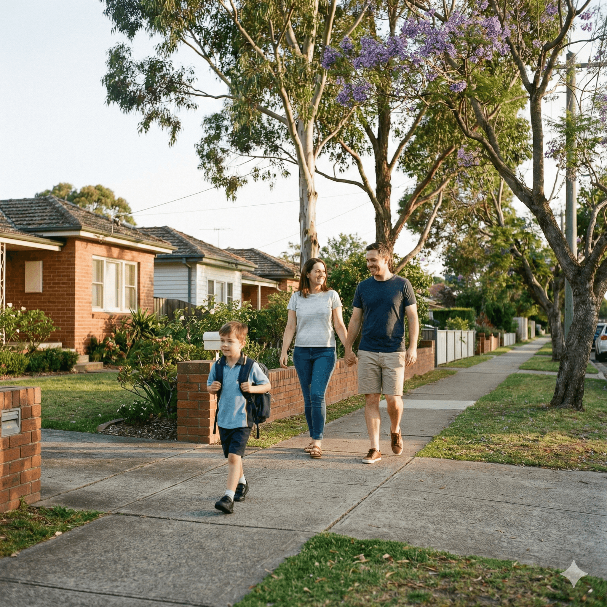 Family walking through tree-lined Australian neighbourhood